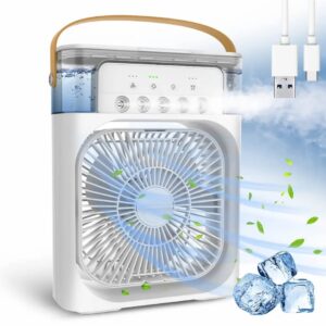 Portable Air Conditioner Fan, Mini Evaporative Air Cooler with 7 Colors LED Light, 1/2/3 H Timer, 3 Wind Speeds and 3 Spray Modes for Your Desk, Nightstand, or Coffee Table